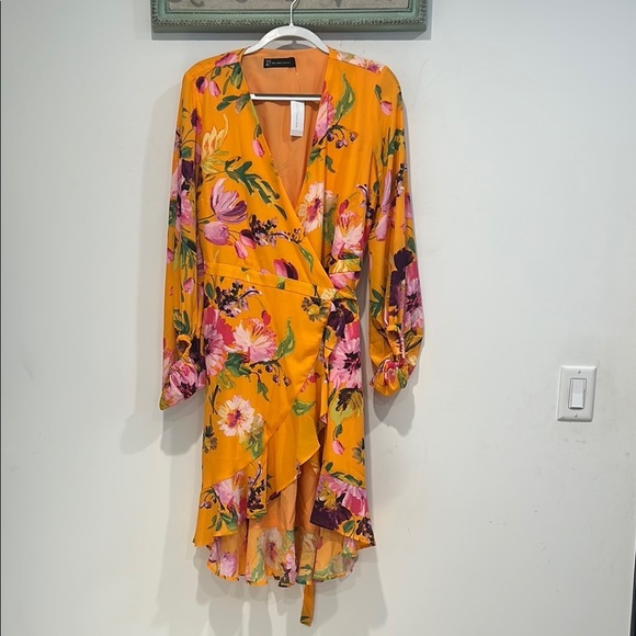 New York & Company Neon Orange Ruffled Wrap Midi Dress women’s large new w tag - Picture 1 of 7